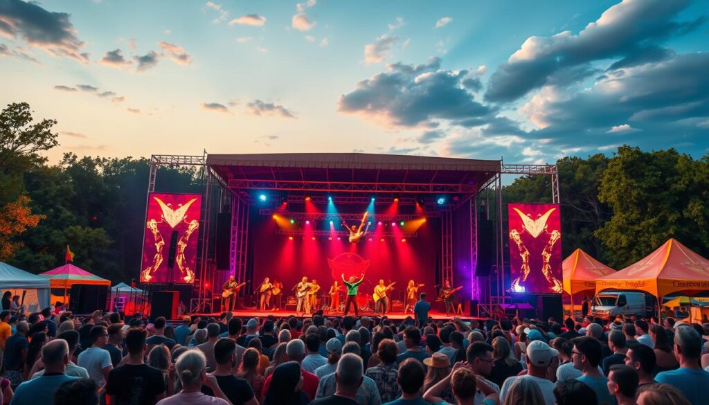 A bustling festival stage set against a warm summer evening sky, illuminated by vibrant stage lighting. In the foreground, a diverse lineup of talented performers - musicians, dancers, acrobats - captivating the crowd with lively, engaging acts. In the middle ground, a throng of enthusiastic spectators, their faces alight with joy and anticipation. The background features a backdrop of lush green trees and vibrant festival tents, creating a sense of festive energy and community. The composition is balanced, with dynamic camera angles and a cinematic, immersive feel, inviting the viewer to experience the excitement and energy of the summer festival entertainment. A bustling festival stage set against a warm summer evening sky, illuminated by vibrant stage lighting. In the foreground, a diverse lineup of talented performers - musicians, dancers, acrobats - captivating the crowd with lively, engaging acts. In the middle ground, a throng of enthusiastic spectators, their faces alight with joy and anticipation. The background features a backdrop of lush green trees and vibrant festival tents, creating a sense of festive energy and community. The composition is balanced, with dynamic camera angles and a cinematic, immersive feel, inviting the viewer to experience the excitement and energy of the summer festival entertainment.