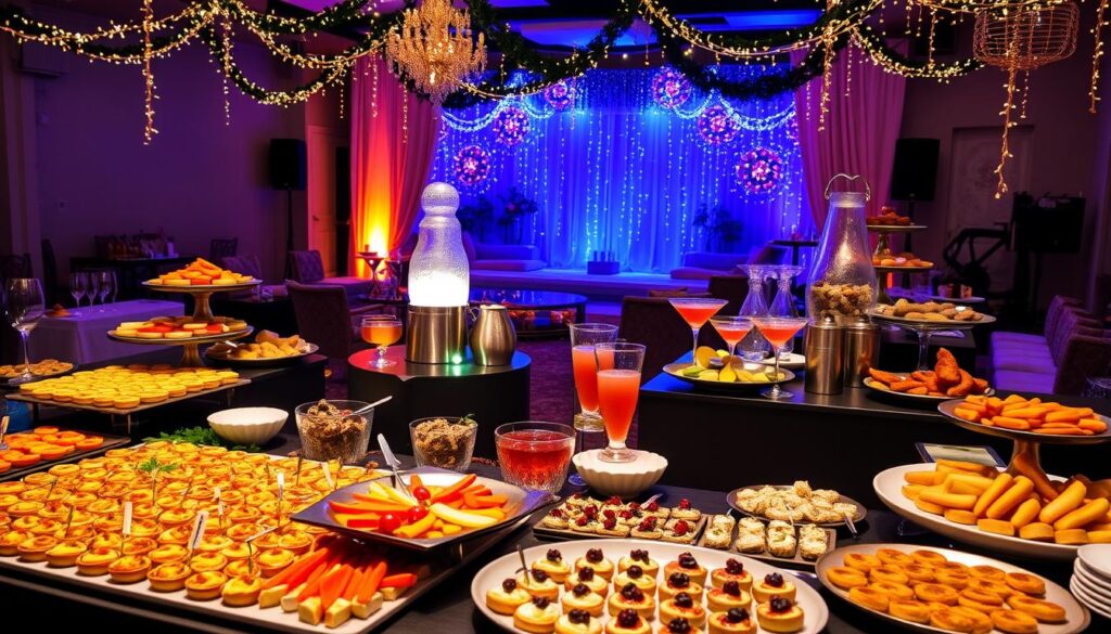 A cozy New Year's party with an array of delectable food stations set against a warm, festive backdrop. In the foreground, a large buffet table laden with an assortment of finger foods and snacks - from platters of bite-sized canapes and mini quiches to colorful veggie trays and artisanal cheese boards. In the middle ground, an inviting drinks station with a shimmering champagne fountain, seasonal cocktails, and an assortment of non-alcoholic beverages. The background features a softly lit, elegantly decorated event space with twinkling lights, hanging garlands, and a backdrop of stylish party decor. The overall atmosphere is one of indulgence, celebration, and togetherness, perfect for ringing in the new year with family and friends. A cozy New Year's party with an array of delectable food stations set against a warm, festive backdrop. In the foreground, a large buffet table laden with an assortment of finger foods and snacks - from platters of bite-sized canapes and mini quiches to colorful veggie trays and artisanal cheese boards. In the middle ground, an inviting drinks station with a shimmering champagne fountain, seasonal cocktails, and an assortment of non-alcoholic beverages. The background features a softly lit, elegantly decorated event space with twinkling lights, hanging garlands, and a backdrop of stylish party decor. The overall atmosphere is one of indulgence, celebration, and togetherness, perfect for ringing in the new year with family and friends.