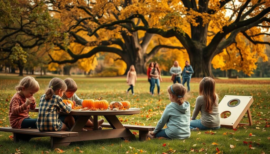 A cozy autumn scene in a lush park, with children engaged in various crafts and activities. In the foreground, a group of kids sit around a picnic table, their hands immersed in projects like leaf painting, pumpkin carving, and DIY nature collages. In the middle ground, a trio of friends play a friendly game of cornhole, their laughter echoing through the crisp air. In the background, towering oak trees shed their vibrant foliage, casting a warm, golden glow over the whole scene. The lighting is soft and diffused, creating a sense of tranquility and togetherness. A perfect blend of autumn's natural beauty and the joy of outdoor exploration and creative expression. A cozy autumn scene in a lush park, with children engaged in various crafts and activities. In the foreground, a group of kids sit around a picnic table, their hands immersed in projects like leaf painting, pumpkin carving, and DIY nature collages. In the middle ground, a trio of friends play a friendly game of cornhole, their laughter echoing through the crisp air. In the background, towering oak trees shed their vibrant foliage, casting a warm, golden glow over the whole scene. The lighting is soft and diffused, creating a sense of tranquility and togetherness. A perfect blend of autumn's natural beauty and the joy of outdoor exploration and creative expression.