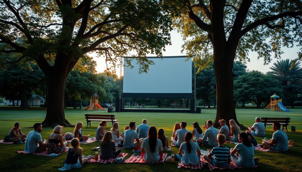 A cozy summer evening in a lush, verdant park. Families gather on picnic blankets, snacks and drinks in hand, gazing up at a massive outdoor movie screen. Towering trees cast dappled shadows, their branches swaying gently in the warm breeze. Nearby, a small amphitheater-style seating area offers prime viewing angles, with benches arranged in a semicircle. The screen itself is illuminated by powerful, yet warm-toned spotlights, casting a soft glow over the scene. In the distance, the faint outline of a playground can be seen, hinting at the park's multi-purpose design. An atmosphere of relaxation and community permeates the space, perfect for an unforgettable family movie night under the stars. A cozy summer evening in a lush, verdant park. Families gather on picnic blankets, snacks and drinks in hand, gazing up at a massive outdoor movie screen. Towering trees cast dappled shadows, their branches swaying gently in the warm breeze. Nearby, a small amphitheater-style seating area offers prime viewing angles, with benches arranged in a semicircle. The screen itself is illuminated by powerful, yet warm-toned spotlights, casting a soft glow over the scene. In the distance, the faint outline of a playground can be seen, hinting at the park's multi-purpose design. An atmosphere of relaxation and community permeates the space, perfect for an unforgettable family movie night under the stars.