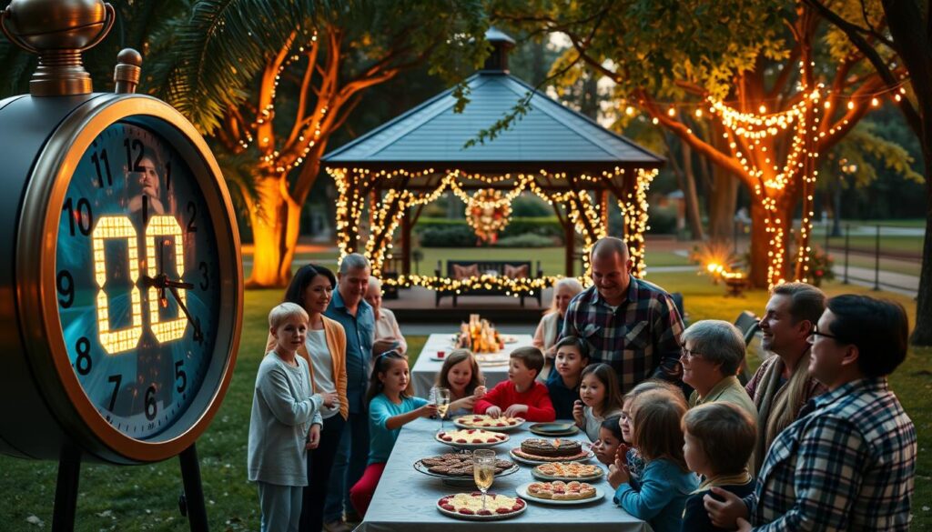 A vibrant, family-friendly countdown schedule for a New Year's celebration in a lush park setting. In the foreground, a large analog clock face with illuminated countdown numbers counts down the final minutes of the old year. Around the clock, cheerful family members of all ages gather, dressed in festive attire, eagerly anticipating the arrival of the new year. In the middle ground, a long table is set with delectable New Year's treats and sparkling beverages. In the background, a beautifully decorated gazebo surrounded by trees and twinkling string lights sets the stage for the impending celebration. Warm, soft lighting bathes the entire scene, creating a cozy, inviting atmosphere. A vibrant, family-friendly countdown schedule for a New Year's celebration in a lush park setting. In the foreground, a large analog clock face with illuminated countdown numbers counts down the final minutes of the old year. Around the clock, cheerful family members of all ages gather, dressed in festive attire, eagerly anticipating the arrival of the new year. In the middle ground, a long table is set with delectable New Year's treats and sparkling beverages. In the background, a beautifully decorated gazebo surrounded by trees and twinkling string lights sets the stage for the impending celebration. Warm, soft lighting bathes the entire scene, creating a cozy, inviting atmosphere.