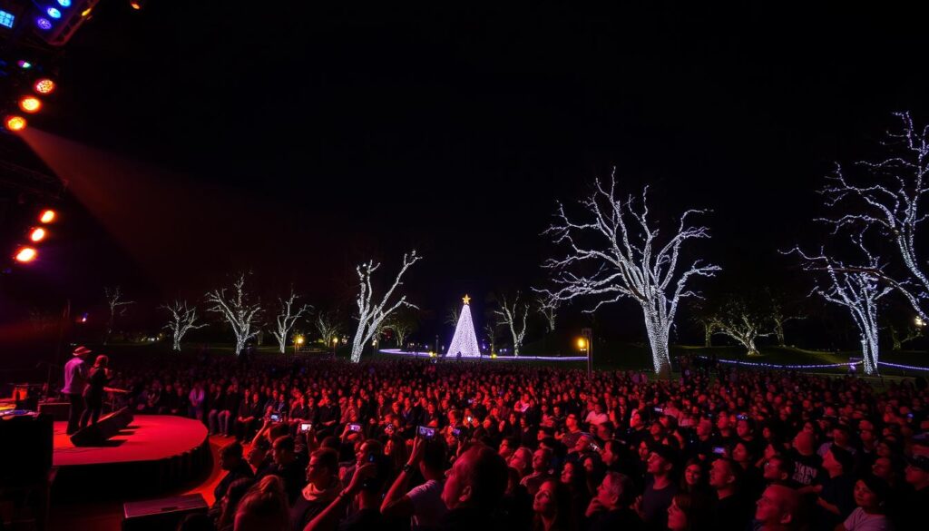 A vibrant night scene of a live performance under the glow of dazzling holiday lights. In the foreground, a lively stage with musicians and dancers captivating the audience, their movements accentuated by warm spotlights and colored floodlights. In the middle ground, a sprawling crowd of spectators watching intently, their faces illuminated by the radiant displays. In the background, a panoramic vista of the park, with towering trees draped in twinkling lights, creating a magical, festive atmosphere. The scene is captured with a wide, cinematic lens, highlighting the scale and energy of the event, and conveying a sense of wonder and celebration. A vibrant night scene of a live performance under the glow of dazzling holiday lights. In the foreground, a lively stage with musicians and dancers captivating the audience, their movements accentuated by warm spotlights and colored floodlights. In the middle ground, a sprawling crowd of spectators watching intently, their faces illuminated by the radiant displays. In the background, a panoramic vista of the park, with towering trees draped in twinkling lights, creating a magical, festive atmosphere. The scene is captured with a wide, cinematic lens, highlighting the scale and energy of the event, and conveying a sense of wonder and celebration.