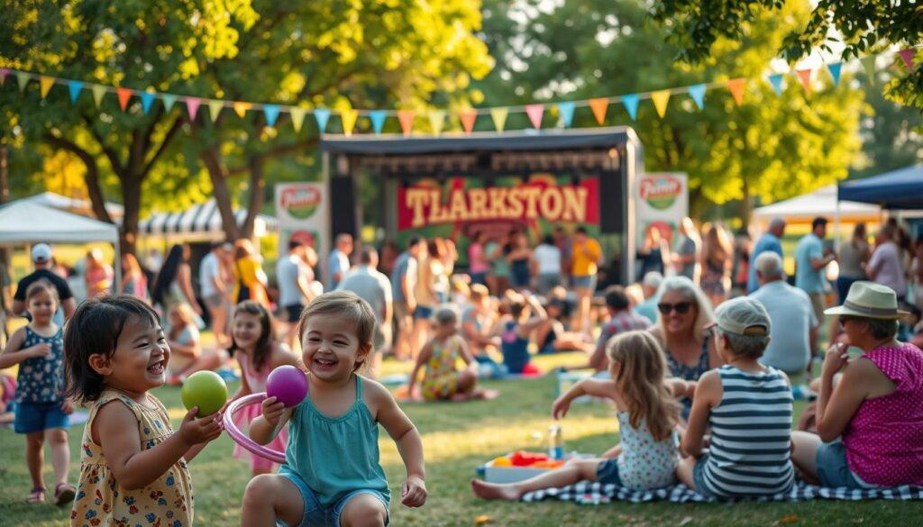 A vibrant summer festival in a lush Clarkston park, families gather under a warm golden-hour glow. In the foreground, children laughing as they play joyful games - tossing beanbags, hula-hooping, and chasing bubbles. In the middle ground, parents and grandparents picnicking on checkered blankets, enjoying local fare and cold lemonade. In the background, a stage with a live band playing upbeat tunes as people dance and sway. Colorful banners and festival flags flutter overhead, creating a celebratory atmosphere. The scene is captured with a wide-angle lens, conveying a sense of community and togetherness on a perfect summer day. A vibrant summer festival in a lush Clarkston park, families gather under a warm golden-hour glow. In the foreground, children laughing as they play joyful games - tossing beanbags, hula-hooping, and chasing bubbles. In the middle ground, parents and grandparents picnicking on checkered blankets, enjoying local fare and cold lemonade. In the background, a stage with a live band playing upbeat tunes as people dance and sway. Colorful banners and festival flags flutter overhead, creating a celebratory atmosphere. The scene is captured with a wide-angle lens, conveying a sense of community and togetherness on a perfect summer day.