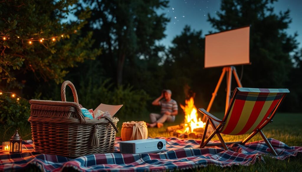 Cozy family movie night essentials under the stars: a vintage-style woven picnic basket filled with snacks, a soft plaid blanket, a pair of retro-inspired lawn chairs, a portable projector, and a white screen hanging from a wooden tripod. Warm ambient lighting from twinkling fairy lights and a crackling campfire in the background set the mood for an immersive outdoor cinema experience. The scene is framed by lush, verdant foliage and a clear starry sky, creating a serene, nature-inspired backdrop. Cozy family movie night essentials under the stars: a vintage-style woven picnic basket filled with snacks, a soft plaid blanket, a pair of retro-inspired lawn chairs, a portable projector, and a white screen hanging from a wooden tripod. Warm ambient lighting from twinkling fairy lights and a crackling campfire in the background set the mood for an immersive outdoor cinema experience. The scene is framed by lush, verdant foliage and a clear starry sky, creating a serene, nature-inspired backdrop.
