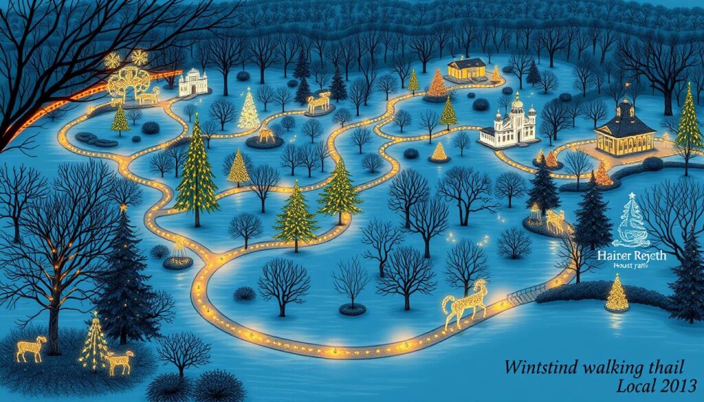 Detailed winter walking trail map of holiday lights displays in Houston's vibrant local parks. Crisp, detailed cartography showcases winding trails, landmarks, and festive light installations. Warm, cozy lighting illuminates the scene, casting a magical glow over the serene landscape. Elegant trees and shrubbery line the pathways, creating a picturesque, family-friendly atmosphere. The map is rendered in a classic, hand-drawn style, inviting visitors to explore the enchanting nighttime wonderland. Minimal text allows the captivating visuals to take center stage, guiding adventurers through this enchanting seasonal wonderland. Detailed winter walking trail map of holiday lights displays in Houston's vibrant local parks. Crisp, detailed cartography showcases winding trails, landmarks, and festive light installations. Warm, cozy lighting illuminates the scene, casting a magical glow over the serene landscape. Elegant trees and shrubbery line the pathways, creating a picturesque, family-friendly atmosphere. The map is rendered in a classic, hand-drawn style, inviting visitors to explore the enchanting nighttime wonderland. Minimal text allows the captivating visuals to take center stage, guiding adventurers through this enchanting seasonal wonderland.