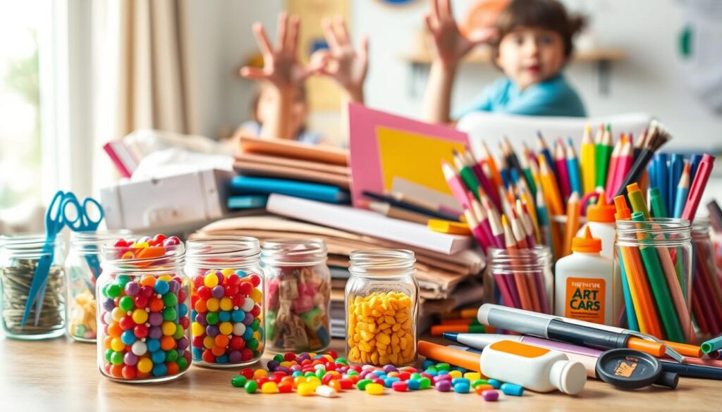 A bright and inviting tabletop scene filled with an assortment of colorful arts and crafts materials for kids. In the foreground, there are jars brimming with vibrant beads, scissor sets with safety tips, and various types of glue. The middle layer showcases a variety of textured papers, paint sets with brushes, and a selection of markers in rainbow hues, creating a playful visual feast. In the background, softly blurred, are children’s hands reaching out to grab materials, adding a sense of excitement and engagement. The lighting is warm and natural, streaming in from a nearby window, casting light on the cheerful chaos of creativity. The overall mood is fun and inspiring, inviting families to explore their artistic side together. A bright and inviting tabletop scene filled with an assortment of colorful arts and crafts materials for kids. In the foreground, there are jars brimming with vibrant beads, scissor sets with safety tips, and various types of glue. The middle layer showcases a variety of textured papers, paint sets with brushes, and a selection of markers in rainbow hues, creating a playful visual feast. In the background, softly blurred, are children’s hands reaching out to grab materials, adding a sense of excitement and engagement. The lighting is warm and natural, streaming in from a nearby window, casting light on the cheerful chaos of creativity. The overall mood is fun and inspiring, inviting families to explore their artistic side together.