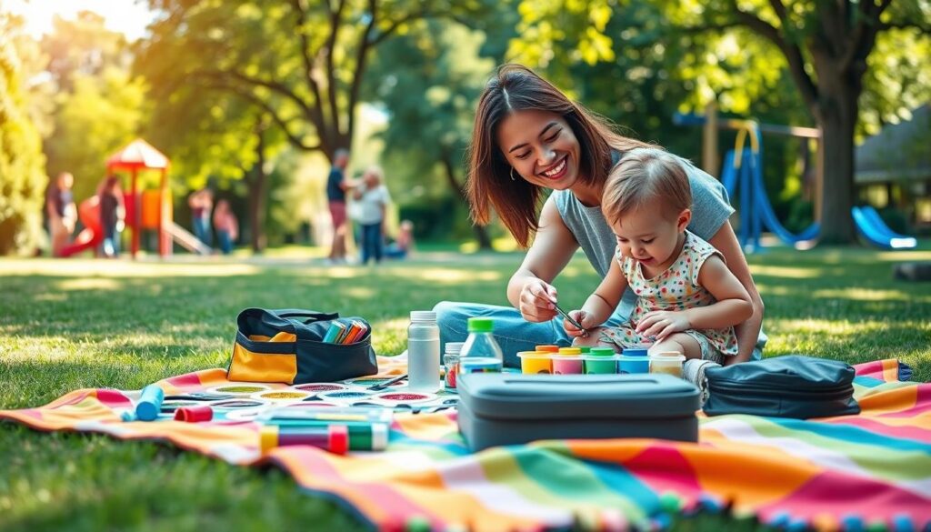 A bright, cheerful park setting featuring a parent and child engaged in a fun activity, such as painting or playing with colorful blocks. In the foreground, a vibrant picnic blanket is spread out with various essentials for a parent-child class: art supplies, a small cooler with snacks, and a water bottle. In the middle ground, the parent, dressed in modest casual clothing, is smiling and guiding the child, who is joyfully experimenting with colors, showcasing the bond and engagement. The background includes lush greenery, playful park equipment, and other families in the distance, capturing a sense of community. The lighting is warm and inviting, suggesting a sunny day, with soft shadows that enhance the friendly atmosphere. The image should be framed with a slight depth of field to focus on the parent and child while still depicting the lively park surroundings. A bright, cheerful park setting featuring a parent and child engaged in a fun activity, such as painting or playing with colorful blocks. In the foreground, a vibrant picnic blanket is spread out with various essentials for a parent-child class: art supplies, a small cooler with snacks, and a water bottle. In the middle ground, the parent, dressed in modest casual clothing, is smiling and guiding the child, who is joyfully experimenting with colors, showcasing the bond and engagement. The background includes lush greenery, playful park equipment, and other families in the distance, capturing a sense of community. The lighting is warm and inviting, suggesting a sunny day, with soft shadows that enhance the friendly atmosphere. The image should be framed with a slight depth of field to focus on the parent and child while still depicting the lively park surroundings.