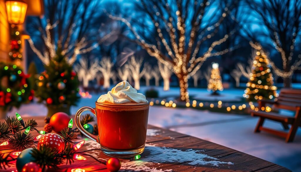 A cozy winter scene featuring a steaming cup of rich hot chocolate topped with whipped cream, set on a rustic wooden table decorated with holiday lights. In the foreground, vibrant holiday decorations, including colorful ornaments and twinkling fairy lights, create a festive atmosphere. The middle ground shows a softly illuminated park in Clarkston, lined with trees draped in dazzling lights, casting a warm glow. In the background, gentle snowflakes fall against a twilight sky, enhancing the magical ambiance. The lighting should be warm and inviting, reminiscent of a welcoming holiday evening. Capture the scene from a slightly elevated angle, focusing on the delicious hot cocoa while showcasing the enchanting holiday lights that define Clarkston's sparkling parks. A cozy winter scene featuring a steaming cup of rich hot chocolate topped with whipped cream, set on a rustic wooden table decorated with holiday lights. In the foreground, vibrant holiday decorations, including colorful ornaments and twinkling fairy lights, create a festive atmosphere. The middle ground shows a softly illuminated park in Clarkston, lined with trees draped in dazzling lights, casting a warm glow. In the background, gentle snowflakes fall against a twilight sky, enhancing the magical ambiance. The lighting should be warm and inviting, reminiscent of a welcoming holiday evening. Capture the scene from a slightly elevated angle, focusing on the delicious hot cocoa while showcasing the enchanting holiday lights that define Clarkston's sparkling parks.