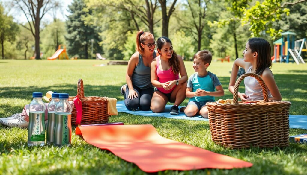 A family preparing for a fitness day in a sunny Clarkston park, showcasing essential gear laid out in a picturesque setting. In the foreground, a colorful yoga mat, water bottles, and a picnic basket filled with healthy snacks are spread out on the grass. In the middle, a group of four diverse family members in modest athletic clothing—two adults and two children—are engaged in a cheerful discussion, with smiles and a sense of excitement. In the background, lush greenery and playground equipment can be seen, hinting at an inviting park atmosphere. Bright, natural lighting enhances the lively colors, capturing a sense of warmth and vitality. The angle is slightly elevated, providing a comprehensive view of the family and their fitness essentials while maintaining a welcoming, active vibe.
