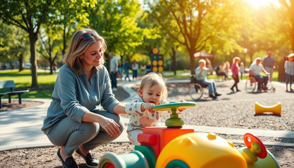 A heartwarming scene depicting a mother and her young child, both enjoying a sunny day in a well-equipped, accessible park in Clarkston. In the foreground, the mother, dressed in comfortable, modest casual clothing, is kneeling beside her child, who is excitedly playing with accessible toys designed for various abilities. The middle ground showcases a variety of accessible park features, like wide pathways, gentle ramps, and inclusive play equipment. In the background, vibrant green trees and happy families enjoying the park create a joyful atmosphere. The lighting is bright and cheerful, reminiscent of a warm afternoon, capturing the essence of family bonding through play. The composition should be inviting and inspiring, inviting viewers to embrace the concept of inclusivity in shared recreational spaces. A heartwarming scene depicting a mother and her young child, both enjoying a sunny day in a well-equipped, accessible park in Clarkston. In the foreground, the mother, dressed in comfortable, modest casual clothing, is kneeling beside her child, who is excitedly playing with accessible toys designed for various abilities. The middle ground showcases a variety of accessible park features, like wide pathways, gentle ramps, and inclusive play equipment. In the background, vibrant green trees and happy families enjoying the park create a joyful atmosphere. The lighting is bright and cheerful, reminiscent of a warm afternoon, capturing the essence of family bonding through play. The composition should be inviting and inspiring, inviting viewers to embrace the concept of inclusivity in shared recreational spaces.