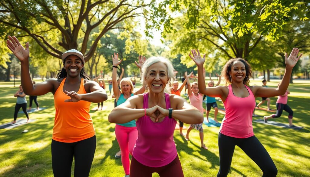 A lively family fitness class in a sunny park in Clarkston, featuring diverse instructors leading energetic exercises. In the foreground, three instructors of different ethnicities, wearing bright athletic wear, demonstrate various fitness poses, exuding enthusiasm and friendliness. In the middle background, families of all ages participate in activities such as yoga and group stretches, showcasing togetherness and health. Soft sunlight filters through leafy trees, creating a warm, inviting atmosphere with vibrant green grass underfoot. The scene is framed with a wide-angle view to capture the joyful expressions of participants and instructors alike. The overall mood is uplifting and motivated, reflecting a community dedicated to wellness and active living.