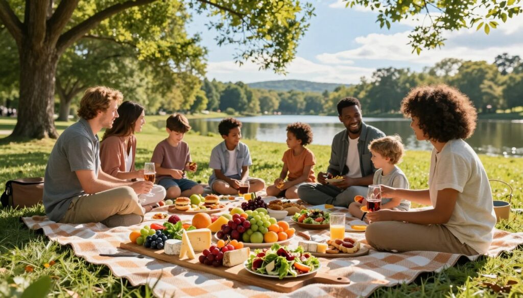 A picturesque picnic scene at a beautiful Clarkston park, showcasing a gourmet picnic set-up on a checkered blanket. In the foreground, a vibrant spread of fresh, colorful fruits, artisanal cheeses, and hearty salads arranged artistically on wooden serving boards. In the middle ground, families and friends of diverse backgrounds casually enjoying the meal, dressed in modest, casual clothing, laughing and sharing moments. The background features lush green trees, a serene lake reflecting blue skies, and gentle hills. Soft, golden sunlight filters through the leaves, creating a warm, inviting atmosphere. The angle is slightly elevated, capturing the comprehensive essence of a perfect picnic day, with a focus on health and togetherness in nature. A picturesque picnic scene at a beautiful Clarkston park, showcasing a gourmet picnic set-up on a checkered blanket. In the foreground, a vibrant spread of fresh, colorful fruits, artisanal cheeses, and hearty salads arranged artistically on wooden serving boards. In the middle ground, families and friends of diverse backgrounds casually enjoying the meal, dressed in modest, casual clothing, laughing and sharing moments. The background features lush green trees, a serene lake reflecting blue skies, and gentle hills. Soft, golden sunlight filters through the leaves, creating a warm, inviting atmosphere. The angle is slightly elevated, capturing the comprehensive essence of a perfect picnic day, with a focus on health and togetherness in nature.