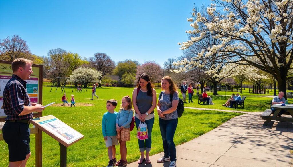 A serene park registration scene set in a vibrant Clarkston park during spring. In the foreground, a friendly park staff member wearing smart casual clothing is assisting a family of four, including two children, in front of an information kiosk adorned with colorful flyers about activities. The middle ground showcases families enjoying various park activities: kids playing on swings, a couple walking their dog, and a group picnicking under blossoming trees. The background features lush green grass and blooming flowers under a clear blue sky, illuminated by warm sunlight creating an inviting and cheerful atmosphere. The camera angle is slightly elevated, capturing both the bustling activity and the calm beauty of the park setting. A serene park registration scene set in a vibrant Clarkston park during spring. In the foreground, a friendly park staff member wearing smart casual clothing is assisting a family of four, including two children, in front of an information kiosk adorned with colorful flyers about activities. The middle ground showcases families enjoying various park activities: kids playing on swings, a couple walking their dog, and a group picnicking under blossoming trees. The background features lush green grass and blooming flowers under a clear blue sky, illuminated by warm sunlight creating an inviting and cheerful atmosphere. The camera angle is slightly elevated, capturing both the bustling activity and the calm beauty of the park setting.