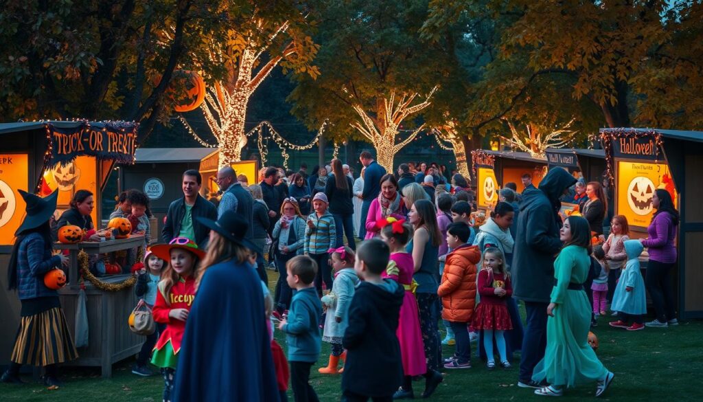 A vibrant Halloween scene in a park filled with families and children enjoying designated trick-or-treat zones. In the foreground, children in colorful costumes, such as witches, ghosts, and superheroes, are joyfully collecting candy from decorated booths, displaying pumpkins and playful decorations. In the middle ground, families engage in festive activities, with adults wearing cozy autumn clothing, supervising their children. The background features lush trees adorned with glowing jack-o'-lanterns and fairy lights, creating a magical atmosphere. The scene captures the essence of community spirit and fun, illuminated by warm, soft evening lighting, enhancing the cheerful and spooky mood of Halloween. The angle is slightly elevated, offering a panoramic view of the park, emphasizing the lively interactions and festive decorations.