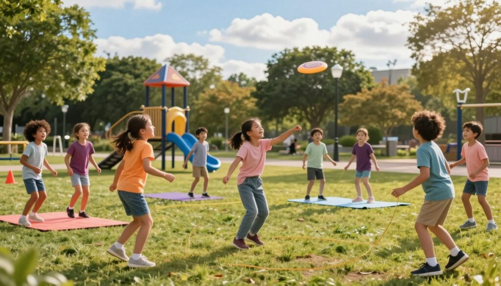 A vibrant and engaging park scene showcasing children participating in various fun exercises. In the foreground, a group of kids, dressed in colorful, modest sports attire, are happily engaging in activities like jumping rope, playing tag, and tossing a frisbee. Their expressions are filled with joy and energy. In the middle, a grassy area with playground equipment and exercise mats sets the stage for various games. In the background, soft trees and a bright blue sky with fluffy clouds create a cheerful atmosphere. The lighting is warm and inviting, suggesting a sunny afternoon. The angle captures the action, immersing viewers in the lively spirit of outdoor play and active living. A vibrant and engaging park scene showcasing children participating in various fun exercises. In the foreground, a group of kids, dressed in colorful, modest sports attire, are happily engaging in activities like jumping rope, playing tag, and tossing a frisbee. Their expressions are filled with joy and energy. In the middle, a grassy area with playground equipment and exercise mats sets the stage for various games. In the background, soft trees and a bright blue sky with fluffy clouds create a cheerful atmosphere. The lighting is warm and inviting, suggesting a sunny afternoon. The angle captures the action, immersing viewers in the lively spirit of outdoor play and active living.