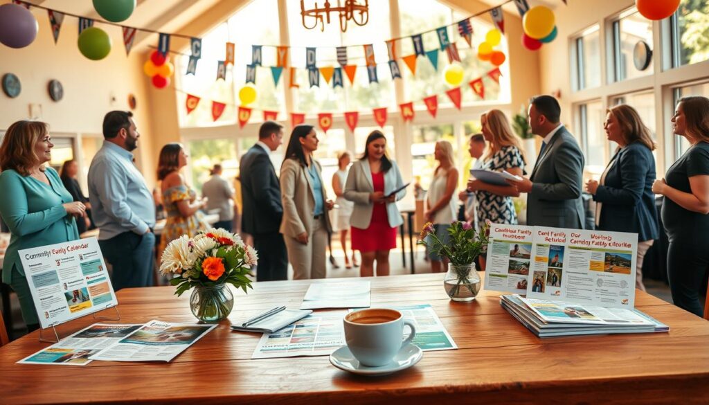 A vibrant and inviting scene depicting a community event calendar for Clarkston. In the foreground, a large wooden table displays colorful flyers and brochures for upcoming family events, including festivals, workshops, and outdoor activities. Scattered on the table are fresh flowers and a steaming cup of coffee, adding a warm touch. In the middle ground, a diverse group of people—dressed in smart casual attire—are engaged in lively discussions while reviewing the event materials. The background features a beautifully decorated community center with banners and balloons, bathed in warm afternoon sunlight filtering through large windows. The atmosphere is cheerful and collaborative, conveying a sense of community engagement and excitement about future events. The image captures a blend of active participation and the spirit of togetherness. A vibrant and inviting scene depicting a community event calendar for Clarkston. In the foreground, a large wooden table displays colorful flyers and brochures for upcoming family events, including festivals, workshops, and outdoor activities. Scattered on the table are fresh flowers and a steaming cup of coffee, adding a warm touch. In the middle ground, a diverse group of people—dressed in smart casual attire—are engaged in lively discussions while reviewing the event materials. The background features a beautifully decorated community center with banners and balloons, bathed in warm afternoon sunlight filtering through large windows. The atmosphere is cheerful and collaborative, conveying a sense of community engagement and excitement about future events. The image captures a blend of active participation and the spirit of togetherness.