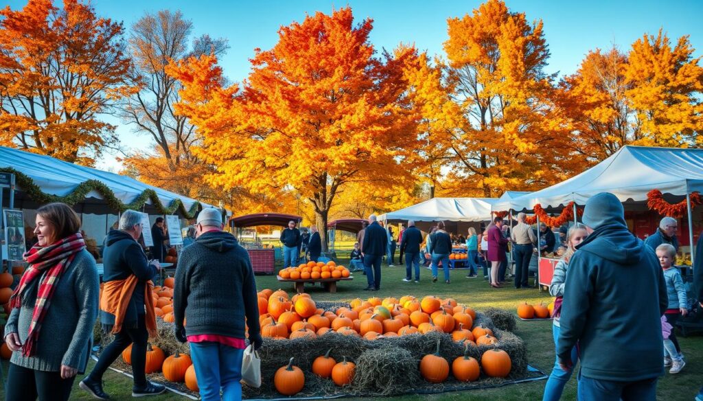 A vibrant fall festival scene in Clarkston preparing for colder weather. In the foreground, families dressed in cozy sweaters and scarves are setting up a colorful pumpkin display. The middle ground features stalls adorned with autumn decorations, selling hot apple cider and warm treats, as children enjoy hayrides and face painting. The background showcases trees adorned with brilliant orange and yellow foliage under a clear blue sky, hinting at an approaching chill. Soft, golden sunlight bathes the scene, creating a warm, inviting atmosphere. The angle is slightly elevated, capturing the hustle and bustle of the festival, emphasizing a sense of community and seasonal joy as people prepare for the cooler weather ahead. A vibrant fall festival scene in Clarkston preparing for colder weather. In the foreground, families dressed in cozy sweaters and scarves are setting up a colorful pumpkin display. The middle ground features stalls adorned with autumn decorations, selling hot apple cider and warm treats, as children enjoy hayrides and face painting. The background showcases trees adorned with brilliant orange and yellow foliage under a clear blue sky, hinting at an approaching chill. Soft, golden sunlight bathes the scene, creating a warm, inviting atmosphere. The angle is slightly elevated, capturing the hustle and bustle of the festival, emphasizing a sense of community and seasonal joy as people prepare for the cooler weather ahead.