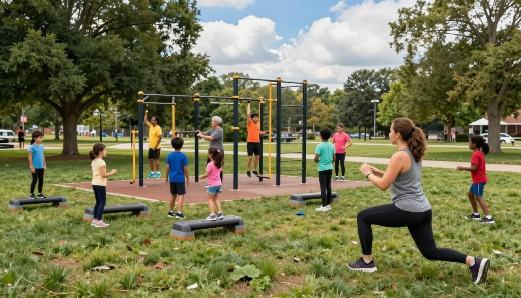 A vibrant outdoor scene showcasing a park workout zone in Clarkston, featuring diverse groups of families engaging in various fitness activities. In the foreground, a mother does lunges, wearing sporty but modest clothing, while her children practice jumping jacks nearby. In the middle, a diverse group of people is using fitness equipment like pull-up bars and step platforms, all set on a well-maintained grassy area surrounded by trees, indicating a healthy and active atmosphere. The background reveals a bright blue sky with fluffy white clouds, alongside tall trees providing shade. Soft, natural lighting enhances the scene, creating a warm, inviting mood that emphasizes community and wellness. The angle is slightly elevated to capture the action and layout of the park effectively.