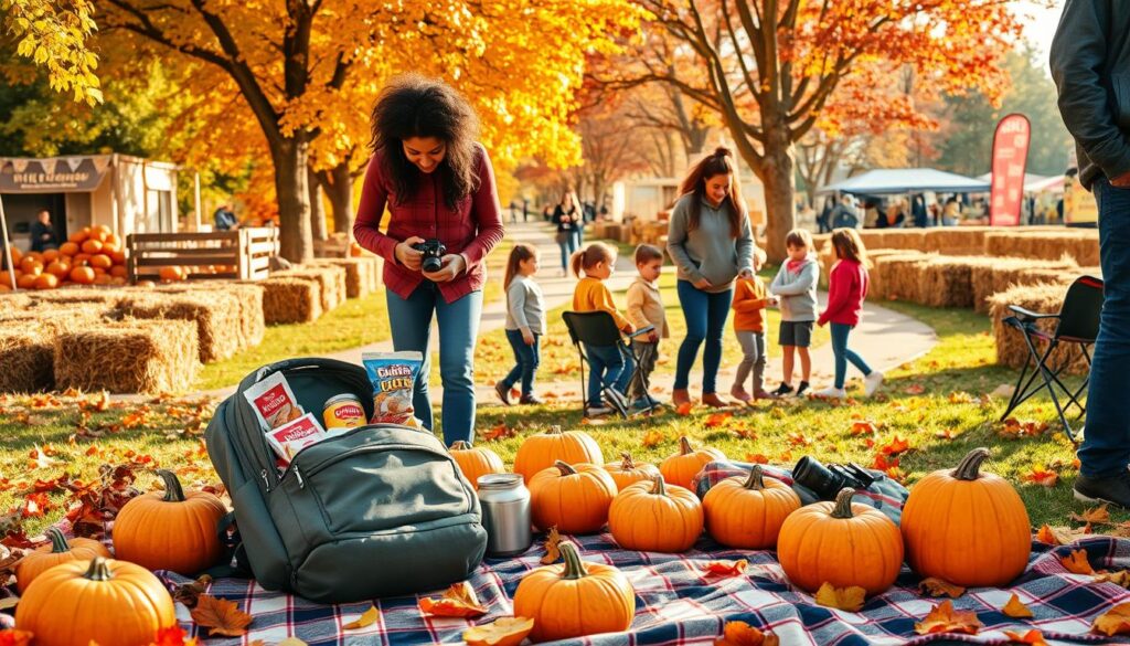 A vibrant scene depicting a fall festival in Clarkston, featuring a diverse group of families packing essentials for a fun day out. In the foreground, a picnic blanket is spread with pumpkins, apple cider donuts, and a thermos of hot apple cider. Parents are thoughtfully organizing a backpack filled with snacks, folding chairs, and a camera. In the middle ground, a winding pathway leads through colorful autumn leaves, with children in modest casual clothing gathering around a pumpkin display. The background showcases a festive atmosphere with hay bales, colorful banners, and trees adorned with golden and red foliage. The sunlight filters gently through the leaves, casting a warm glow over the scene, evoking a cheerful, family-friendly mood. The angle is slightly elevated, capturing both the details of the packing essentials and the festival's lively ambiance. A vibrant scene depicting a fall festival in Clarkston, featuring a diverse group of families packing essentials for a fun day out. In the foreground, a picnic blanket is spread with pumpkins, apple cider donuts, and a thermos of hot apple cider. Parents are thoughtfully organizing a backpack filled with snacks, folding chairs, and a camera. In the middle ground, a winding pathway leads through colorful autumn leaves, with children in modest casual clothing gathering around a pumpkin display. The background showcases a festive atmosphere with hay bales, colorful banners, and trees adorned with golden and red foliage. The sunlight filters gently through the leaves, casting a warm glow over the scene, evoking a cheerful, family-friendly mood. The angle is slightly elevated, capturing both the details of the packing essentials and the festival's lively ambiance.