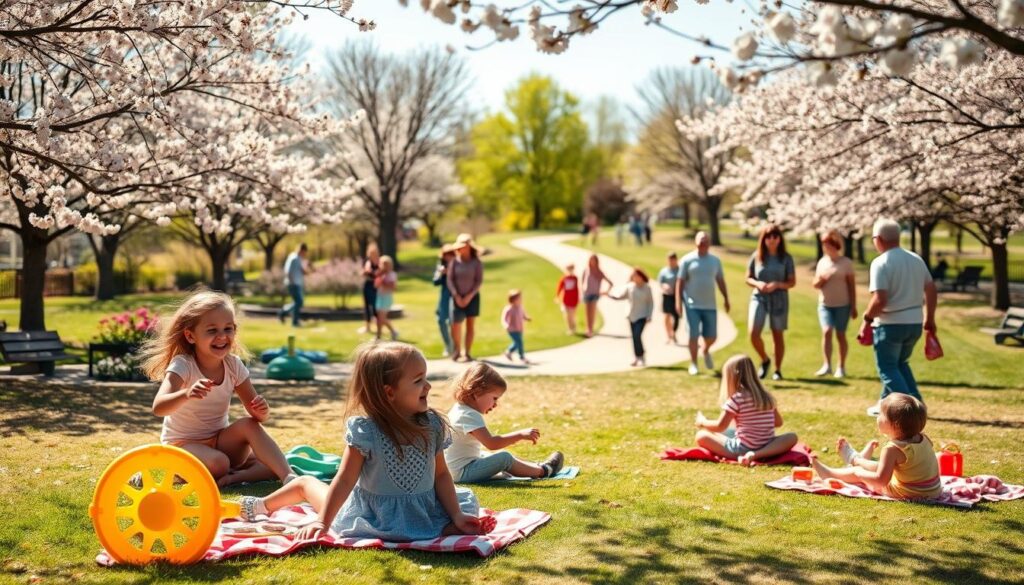 A vibrant scene depicting families enjoying various kid-friendly activities in a sunny Clarkston park during springtime. In the foreground, children are laughing and playing on colorful playground equipment, while parents supervise nearby on picnic blankets scattered with snacks. In the middle ground, a diverse group of families engage in a fun outdoor game, such as frisbee or double dutch, surrounded by blooming flowers and lush green trees. In the background, families stroll along a winding path lined with cherry blossom trees, their petals gently falling like confetti. The lighting is warm and bright, capturing the joyful atmosphere of a sunny day. The image is framed with a shallow depth of field, focusing on the playful interactions of the children while softly blurring the surrounding scenery to create an inviting, cheerful ambiance. A vibrant scene depicting families enjoying various kid-friendly activities in a sunny Clarkston park during springtime. In the foreground, children are laughing and playing on colorful playground equipment, while parents supervise nearby on picnic blankets scattered with snacks. In the middle ground, a diverse group of families engage in a fun outdoor game, such as frisbee or double dutch, surrounded by blooming flowers and lush green trees. In the background, families stroll along a winding path lined with cherry blossom trees, their petals gently falling like confetti. The lighting is warm and bright, capturing the joyful atmosphere of a sunny day. The image is framed with a shallow depth of field, focusing on the playful interactions of the children while softly blurring the surrounding scenery to create an inviting, cheerful ambiance.