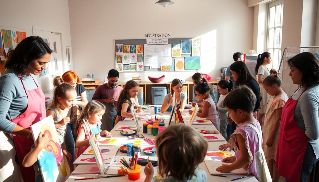 A welcoming art classroom scene in Clarkston, filled with diverse families engaged in colorful creative projects. In the foreground, children of various ages, wearing aprons, are painting canvases with bright colors, while parents assist them, all dressed in modest casual clothing. In the middle ground, a large table is covered with art supplies such as brushes, paints, and paper, creating a lively atmosphere of learning and creativity. The background showcases a bulletin board with registration details pinned on it, framed by colorful artwork created by previous students. Soft, natural light streams in through large windows, casting warm, inviting shadows. The overall mood is joyful and inspiring, emphasizing community engagement and the excitement of art classes. A welcoming art classroom scene in Clarkston, filled with diverse families engaged in colorful creative projects. In the foreground, children of various ages, wearing aprons, are painting canvases with bright colors, while parents assist them, all dressed in modest casual clothing. In the middle ground, a large table is covered with art supplies such as brushes, paints, and paper, creating a lively atmosphere of learning and creativity. The background showcases a bulletin board with registration details pinned on it, framed by colorful artwork created by previous students. Soft, natural light streams in through large windows, casting warm, inviting shadows. The overall mood is joyful and inspiring, emphasizing community engagement and the excitement of art classes.