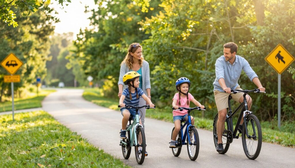 A cheerful family biking together on a safe, scenic trail in Clarkston. In the foreground, a mother and father, dressed in modest casual clothing, encourage their two children who ride well-equipped bikes, wearing colorful helmets. The middle ground displays a lush, green trail surrounded by trees, with a few safety signs visible, reminding about helmet use and trail etiquette. In the background, soft afternoon sunlight filters through the leaves, creating a warm and inviting atmosphere. The scene conveys a sense of joy, adventure, and safety. Captured with a slightly upward angle to emphasize the family biking together, the image should evoke a mood of togetherness and the importance of safety while enjoying the outdoors. A cheerful family biking together on a safe, scenic trail in Clarkston. In the foreground, a mother and father, dressed in modest casual clothing, encourage their two children who ride well-equipped bikes, wearing colorful helmets. The middle ground displays a lush, green trail surrounded by trees, with a few safety signs visible, reminding about helmet use and trail etiquette. In the background, soft afternoon sunlight filters through the leaves, creating a warm and inviting atmosphere. The scene conveys a sense of joy, adventure, and safety. Captured with a slightly upward angle to emphasize the family biking together, the image should evoke a mood of togetherness and the importance of safety while enjoying the outdoors.