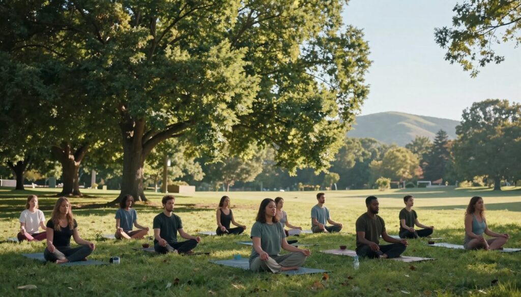 A serene park setting in Clarkston during an early morning meditation session. In the foreground, a diverse group of individuals dressed in modest casual clothing, sitting cross-legged on yoga mats, with their eyes closed and peaceful expressions, absorbing the tranquility around them. The middle ground features lush green trees with dappled sunlight filtering through the leaves, creating a gentle glow that enhances the calm atmosphere. In the background, soft rolling hills are visible under a clear blue sky. The scene captures the essence of guided meditation, enveloped in a soothing ambiance. Use soft, natural lighting with a wide-angle lens to emphasize the spaciousness, evoking a sense of peace and mindfulness. A serene park setting in Clarkston during an early morning meditation session. In the foreground, a diverse group of individuals dressed in modest casual clothing, sitting cross-legged on yoga mats, with their eyes closed and peaceful expressions, absorbing the tranquility around them. The middle ground features lush green trees with dappled sunlight filtering through the leaves, creating a gentle glow that enhances the calm atmosphere. In the background, soft rolling hills are visible under a clear blue sky. The scene captures the essence of guided meditation, enveloped in a soothing ambiance. Use soft, natural lighting with a wide-angle lens to emphasize the spaciousness, evoking a sense of peace and mindfulness.