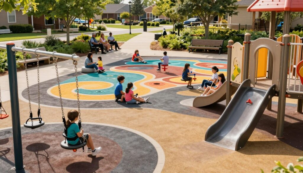 A vibrant children's playground in Clarkston designed with accessibility features prominently displayed. In the foreground, highlight adaptive swings with safety harnesses and a child-friendly ramp leading to an inclusive play structure. The middle ground showcases colorful tactile panels and sensory pathways accessible to all children, surrounded by diverse families engaging in playful activities. In the background, a wide, smooth path lined with greenery and benches where caregivers can relax. The scene is bathed in warm, natural sunlight filtering through the trees, creating a cheerful and inviting atmosphere. Capture the image from a slightly elevated angle to encompass the full scope of the playground's design, emphasizing the inclusivity and joy of active family fun. A vibrant children's playground in Clarkston designed with accessibility features prominently displayed. In the foreground, highlight adaptive swings with safety harnesses and a child-friendly ramp leading to an inclusive play structure. The middle ground showcases colorful tactile panels and sensory pathways accessible to all children, surrounded by diverse families engaging in playful activities. In the background, a wide, smooth path lined with greenery and benches where caregivers can relax. The scene is bathed in warm, natural sunlight filtering through the trees, creating a cheerful and inviting atmosphere. Capture the image from a slightly elevated angle to encompass the full scope of the playground's design, emphasizing the inclusivity and joy of active family fun.