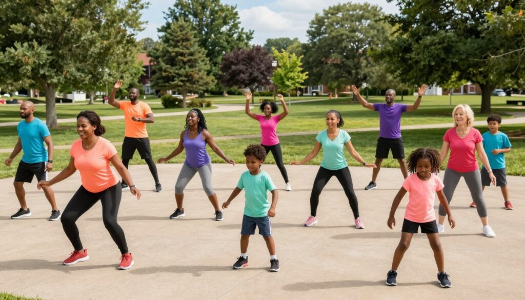 A vibrant outdoor scene of a family boot camp in Clarkston, showcasing various families engaged in fitness activities together. In the foreground, a diverse group of parents and children are performing exercises, like jumping jacks and lunges, all wearing colorful, modest activewear. The middle ground features instructors guiding participants, offering encouragement and demonstrating techniques. The background reveals a beautiful park setting with green trees and a bright blue sky, suggesting a sunny day. Soft, natural lighting highlights the joyful expressions on their faces, creating an atmosphere of camaraderie and fun. The scene is captured from a slightly elevated angle to provide a clear view of the collective energy and engagement in fitness activities, conveying a sense of health, positivity, and community spirit. A vibrant outdoor scene of a family boot camp in Clarkston, showcasing various families engaged in fitness activities together. In the foreground, a diverse group of parents and children are performing exercises, like jumping jacks and lunges, all wearing colorful, modest activewear. The middle ground features instructors guiding participants, offering encouragement and demonstrating techniques. The background reveals a beautiful park setting with green trees and a bright blue sky, suggesting a sunny day. Soft, natural lighting highlights the joyful expressions on their faces, creating an atmosphere of camaraderie and fun. The scene is captured from a slightly elevated angle to provide a clear view of the collective energy and engagement in fitness activities, conveying a sense of health, positivity, and community spirit.