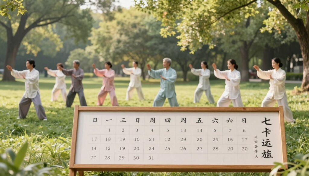 A serene and inviting scene depicting a Tai Chi class schedule prominently featuring a beautiful, well-organized bulletin board. In the foreground, a wooden board with neatly arranged class times and dates, written in elegant calligraphy. The middle ground features a tranquil park setting with lush green grass and tall trees providing dappled sunlight, creating a peaceful atmosphere. Soft pastel colors dominate the scene, evoking a sense of calm. In the background, a group of individuals, dressed in modest casual clothing, are gracefully practicing Tai Chi, showcasing various flowing movements with gentle expressions on their faces. The soft, warm lighting enhances the serene and inclusive vibe of the space, inviting viewers of all ages to join in.