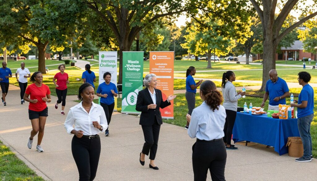 A vibrant community scene in Clarkston depicting a wellness challenge. In the foreground, a diverse group of people of various ages, dressed in professional business attire and modest casual clothing, engage in activities like jogging, stretching, and discussing health tips. In the middle ground, colorful banners promoting wellness and healthy living subtly adorn the area, while friendly volunteers hand out water bottles and healthy snacks. The background features a lush park with trees and walking paths, bathed in warm, golden sunlight of a late afternoon, creating an inviting and energetic atmosphere. The scene conveys a sense of community spirit, motivation, and support, capturing the essence of collective health improvement. A vibrant community scene in Clarkston depicting a wellness challenge. In the foreground, a diverse group of people of various ages, dressed in professional business attire and modest casual clothing, engage in activities like jogging, stretching, and discussing health tips. In the middle ground, colorful banners promoting wellness and healthy living subtly adorn the area, while friendly volunteers hand out water bottles and healthy snacks. The background features a lush park with trees and walking paths, bathed in warm, golden sunlight of a late afternoon, creating an inviting and energetic atmosphere. The scene conveys a sense of community spirit, motivation, and support, capturing the essence of collective health improvement.
