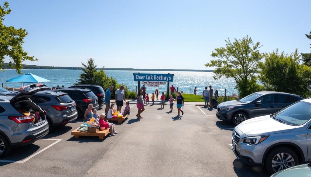 A scenic view of Deer Lake Beach Day's parking area, bustling with families preparing for a day of fun. In the foreground, a clean asphalt parking lot with neatly parked cars and colorful picnic setups. Families in modest casual clothing are unloading their gear, such as beach towels and picnic baskets, radiating excitement. The middle ground showcases the entrance to the swim area, marked with a friendly sign about fees and wristbands, surrounded by lush greenery. In the background, the serene lake sparkles under bright sunlight, with children joyfully splashing in the water. A wide-angle lens captures the vibrant atmosphere, emphasizing the warmth of summer with clear blue skies and gentle, inviting waves. The overall mood is cheerful and safe, highlighting a perfect family beach day. A scenic view of Deer Lake Beach Day's parking area, bustling with families preparing for a day of fun. In the foreground, a clean asphalt parking lot with neatly parked cars and colorful picnic setups. Families in modest casual clothing are unloading their gear, such as beach towels and picnic baskets, radiating excitement. The middle ground showcases the entrance to the swim area, marked with a friendly sign about fees and wristbands, surrounded by lush greenery. In the background, the serene lake sparkles under bright sunlight, with children joyfully splashing in the water. A wide-angle lens captures the vibrant atmosphere, emphasizing the warmth of summer with clear blue skies and gentle, inviting waves. The overall mood is cheerful and safe, highlighting a perfect family beach day.