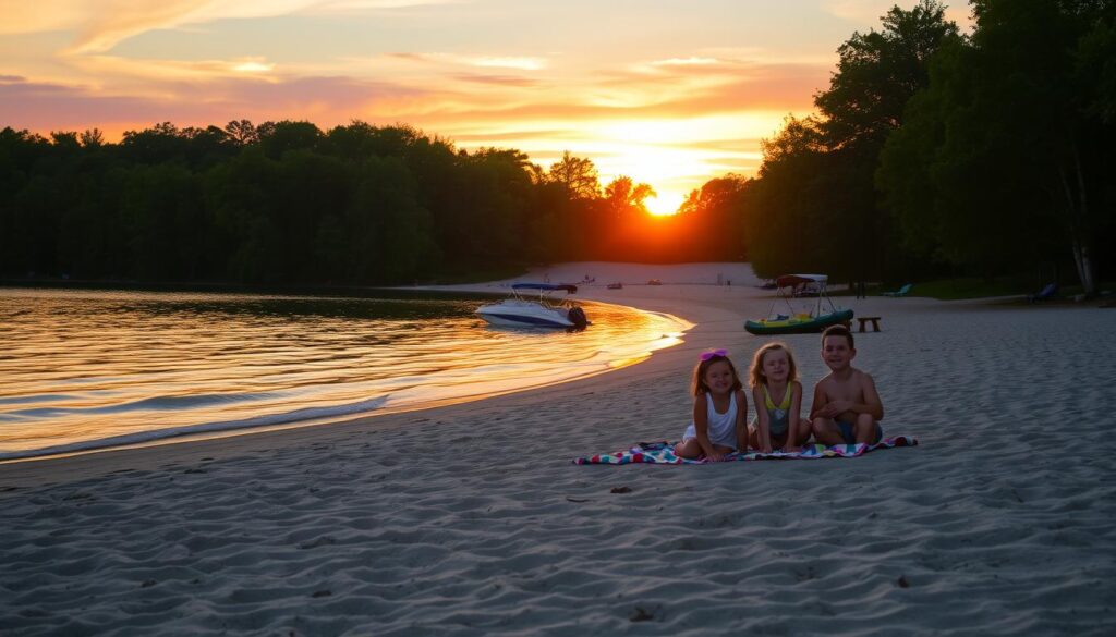 A serene sunset view at Deer Lake Beach, capturing the enchanting hues of orange, pink, and purple reflecting off calm waters. In the foreground, a sandy beach dotted with colorful beach towels and a picnic setup, showcasing a cheerful family with kids playing and enjoying their time together. The middle ground features gentle waves lapping at the shore, and a few rental paddle boats anchored nearby. The background displays lush green trees framing the beach, with the sun setting just above the horizon, casting warm golden light across the scene. Soft lens flare adds to the dreamy atmosphere, evoking a sense of tranquility and joy. The composition captures the perfect moment for families looking to create lasting memories at this picturesque location. A serene sunset view at Deer Lake Beach, capturing the enchanting hues of orange, pink, and purple reflecting off calm waters. In the foreground, a sandy beach dotted with colorful beach towels and a picnic setup, showcasing a cheerful family with kids playing and enjoying their time together. The middle ground features gentle waves lapping at the shore, and a few rental paddle boats anchored nearby. The background displays lush green trees framing the beach, with the sun setting just above the horizon, casting warm golden light across the scene. Soft lens flare adds to the dreamy atmosphere, evoking a sense of tranquility and joy. The composition captures the perfect moment for families looking to create lasting memories at this picturesque location.