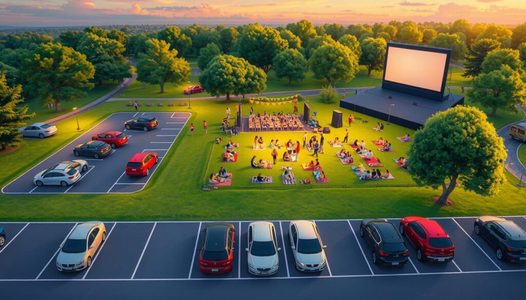 A vibrant lawn seating parking guide illustration for a summer concert and movie event. In the foreground, display an organized parking area with clearly marked spaces featuring neatly parked cars, some with families unloading picnic gear. In the middle ground, showcase a grassy area set up for seating with colorful blankets and happy families enjoying the outdoor concert, illuminated by soft, warm sunset lighting. In the background, capture a scenic park landscape with trees swaying gently, and a large screen where a movie is about to play. Use a slightly elevated angle, as if viewed from a drone, to give a comprehensive overview of the scene. The atmosphere should feel inviting and festive, reflecting a joyful summer evening.
